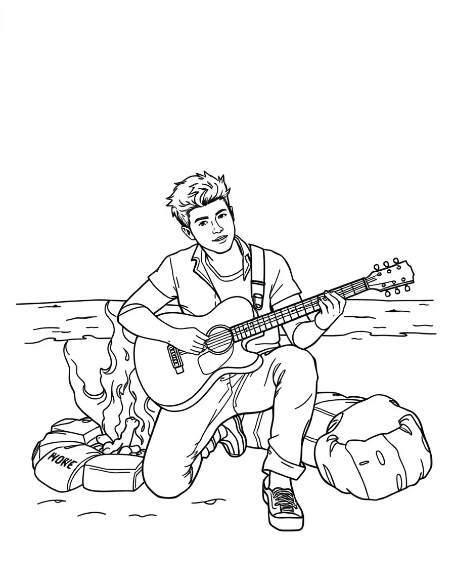 Taylor Lautner playing guitar at a beach bonfire – a fun and kid-friendly coloring page.