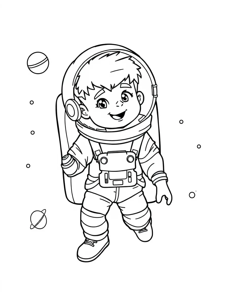 Justin Bieber exploring space in an astronaut suit – a fun and kid-friendly coloring page.