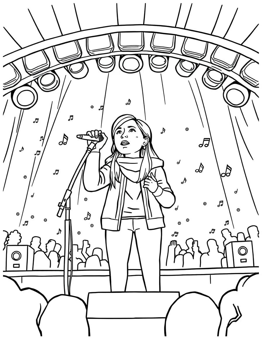 Greta Thunberg singing on a big concert stage with musical notes and lights – a fun and kid-friendly coloring page.