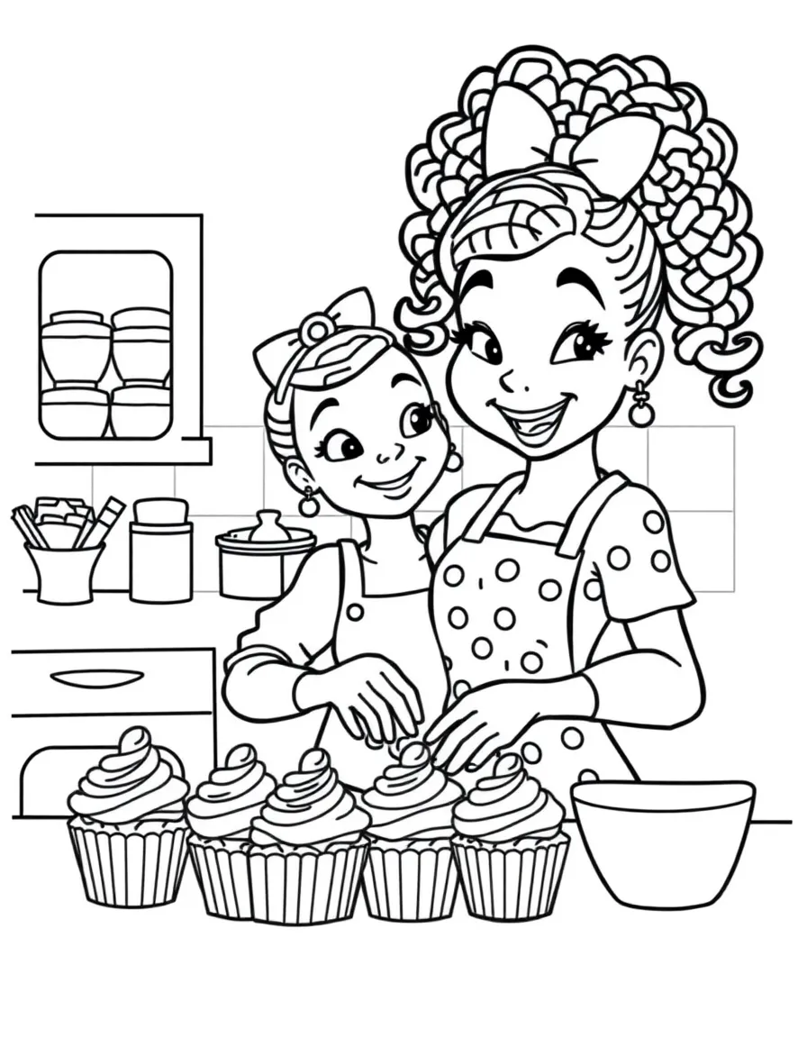 Simone Biles baking cupcakes in a colorful kitchen – a fun and kid-friendly coloring page.
