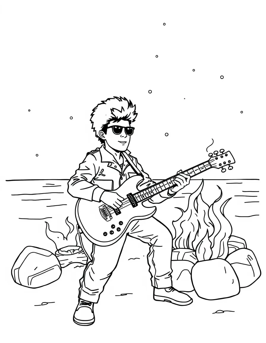 Bruno Mars playing guitar at a beach bonfire – a fun and kid-friendly coloring page.