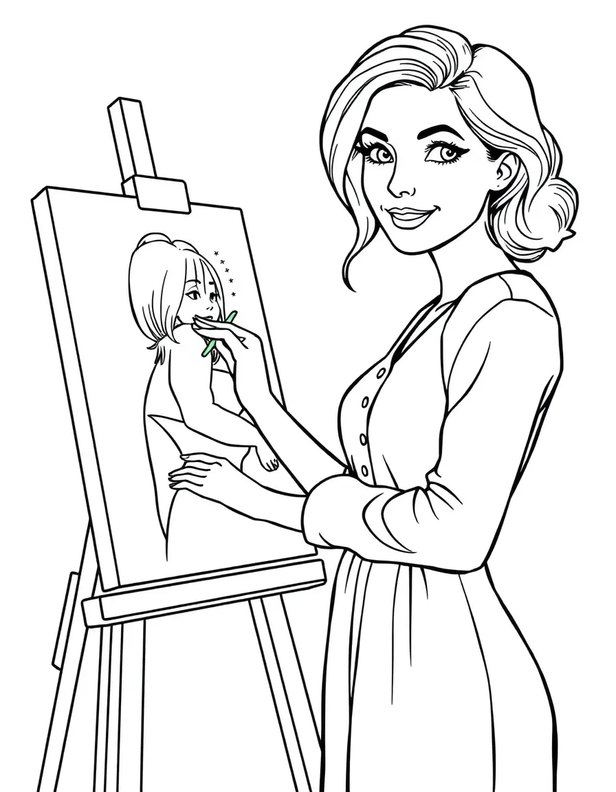 Anne Hathaway painting a picture at an art studio – a fun and kid-friendly coloring page.