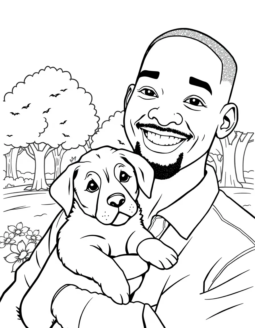 Will Smith smiling and holding a puppy with a park background – a fun and kid-friendly coloring page.