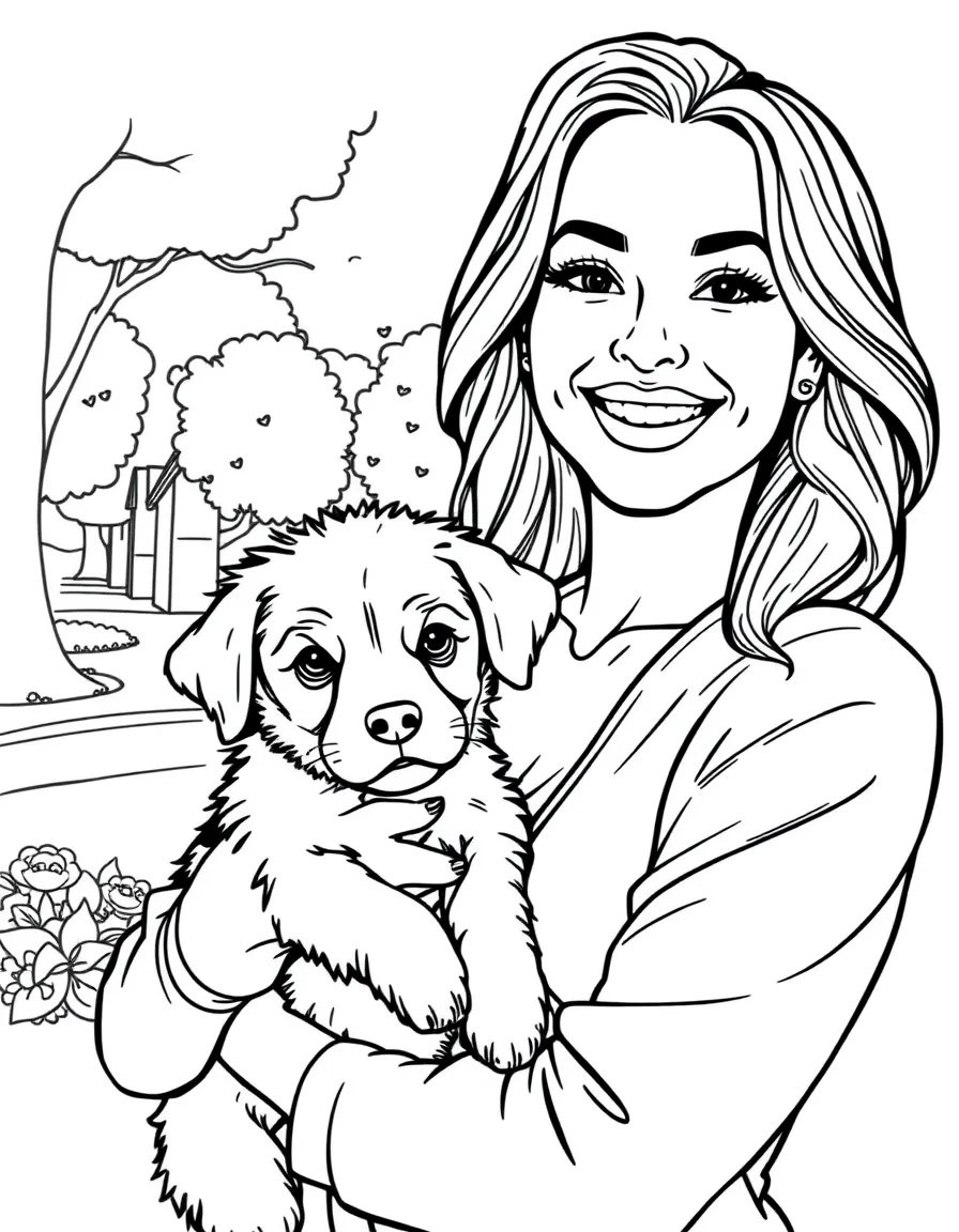 Jennifer Lopez smiling and holding a puppy with a park background – a fun and kid-friendly coloring page.