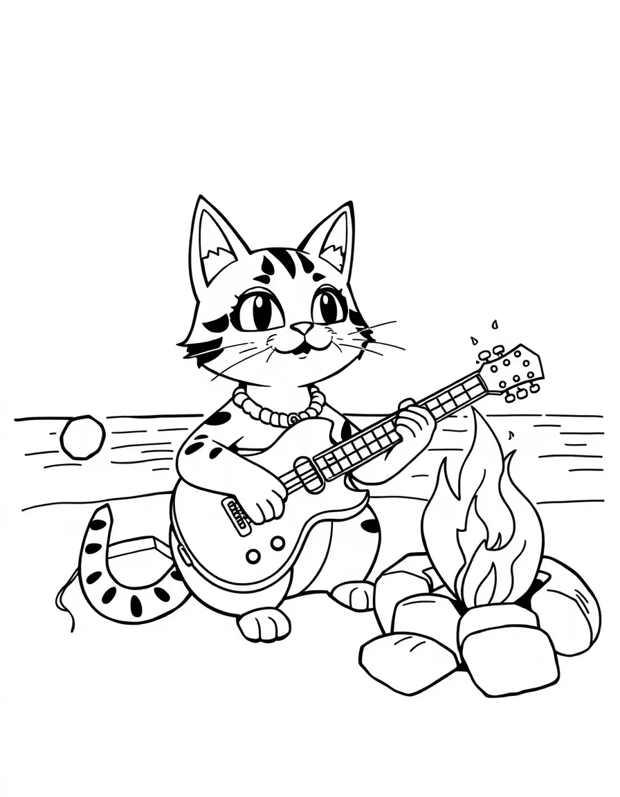Doja Cat playing guitar at a beach bonfire – a fun and kid-friendly coloring page.