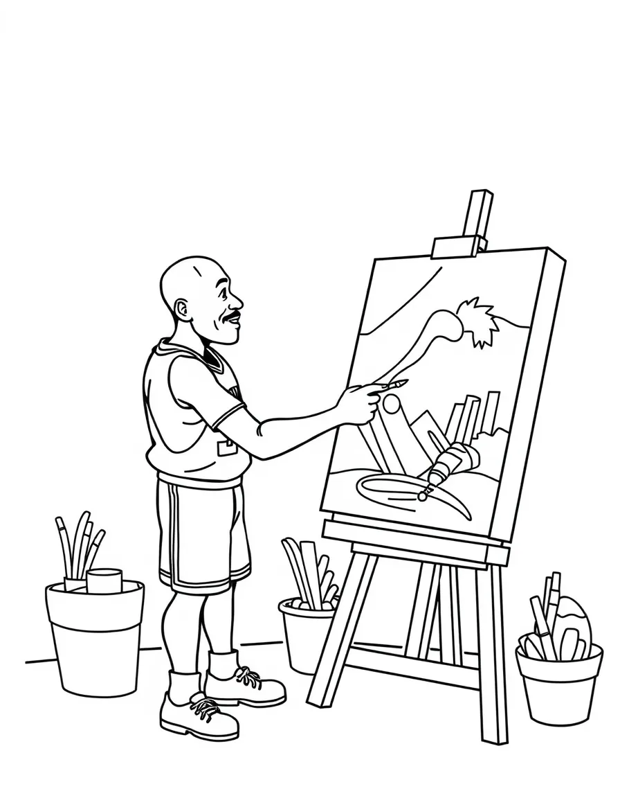 Michael Jordan painting a picture at an art studio – a fun and kid-friendly coloring page.