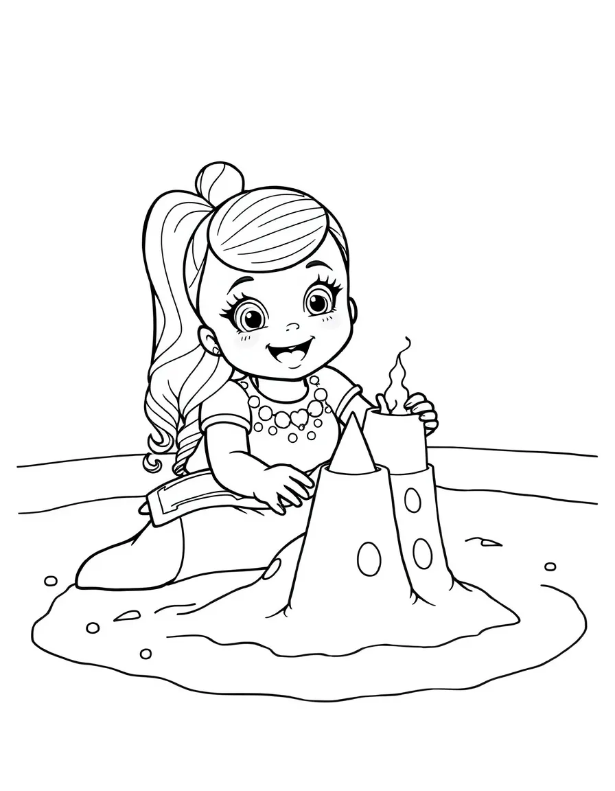 JoJo Siwa building a sandcastle at the beach – a fun and kid-friendly coloring page.