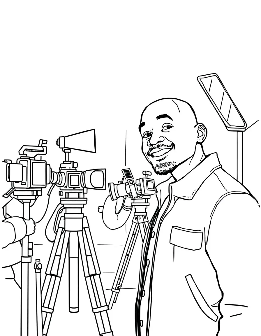 Will Smith acting in a scene on a movie set with cameras – a fun and kid-friendly coloring page.