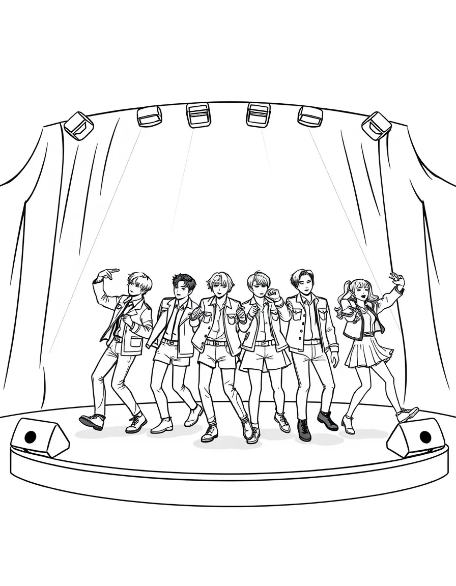 BTS Members dancing on a stage with spotlights and fun outfits – a fun and kid-friendly coloring page.