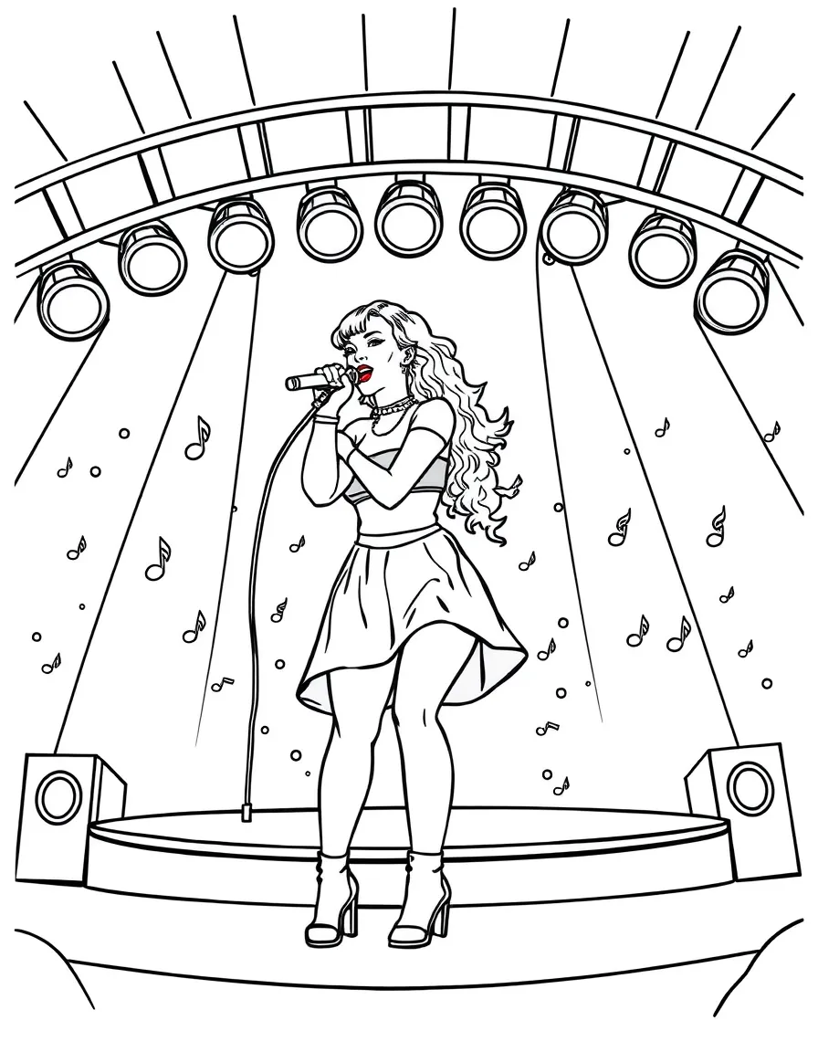 Rihanna singing on a big concert stage with musical notes and lights – a fun and kid-friendly coloring page.
