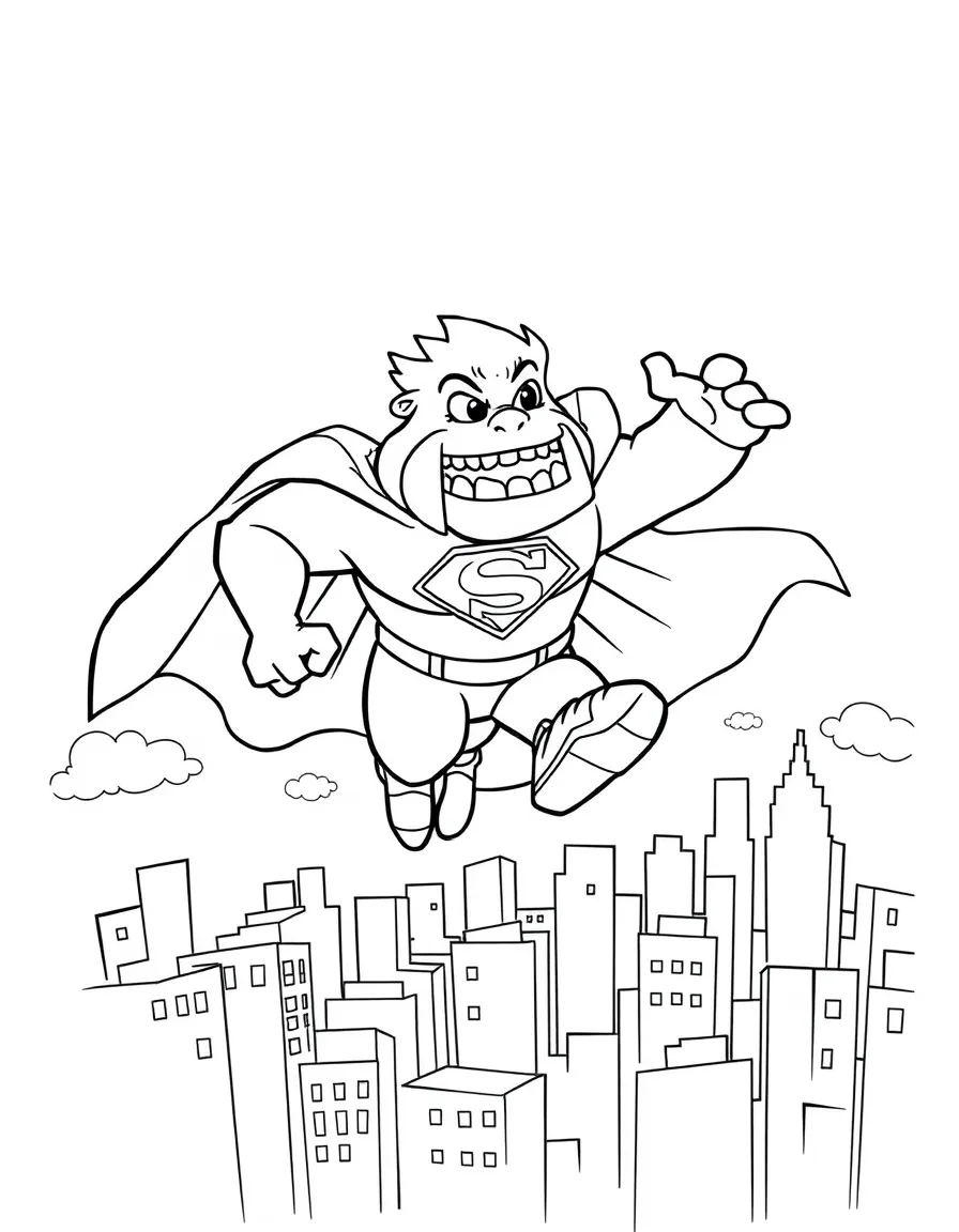 MrBeast wearing a superhero cape and flying over a cityscape – a fun and kid-friendly coloring page.