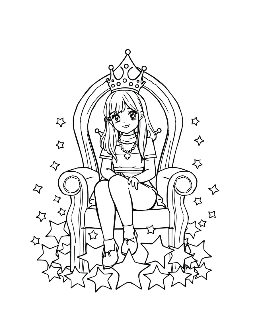 Billie Eilish sitting on a throne made of stars with a crown – a fun and kid-friendly coloring page.