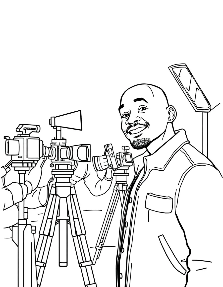Will Smith acting in a scene on a movie set with cameras – a fun and kid-friendly coloring page.