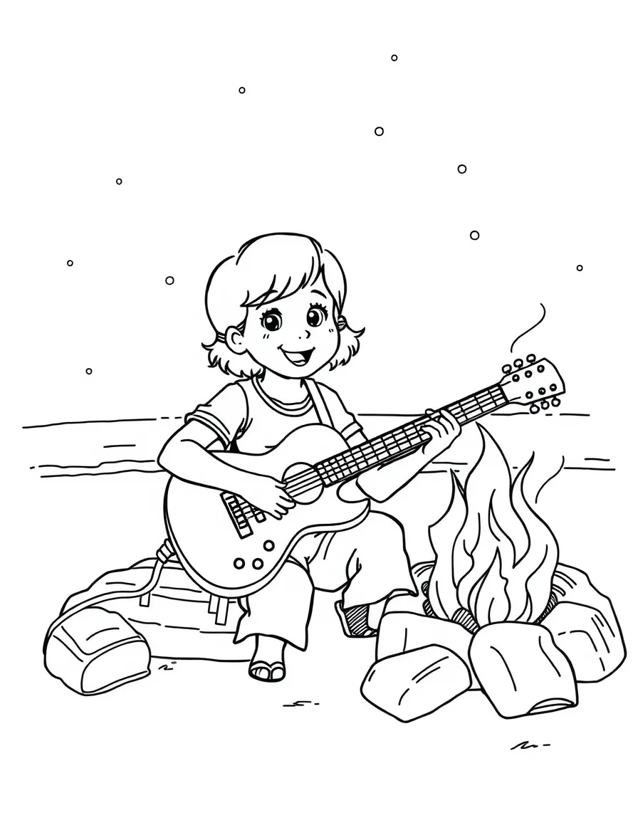 Millie Bobby Brown playing guitar at a beach bonfire – a fun and kid-friendly coloring page.