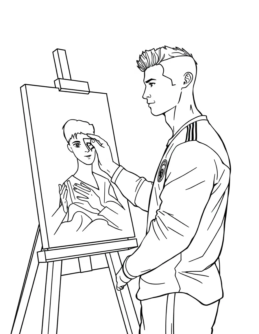 Cristiano Ronaldo painting a picture at an art studio – a fun and kid-friendly coloring page.