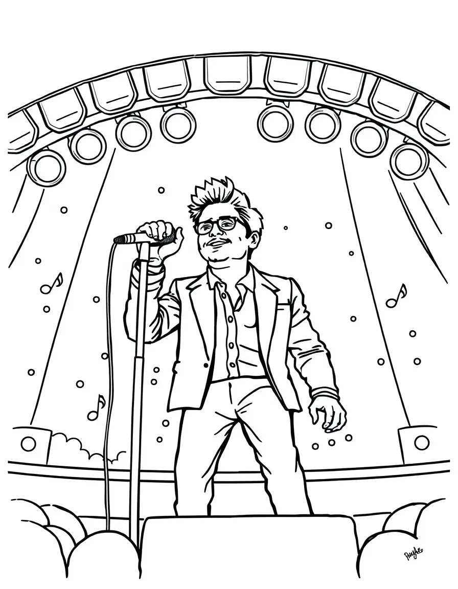 Robert Downey Jr. singing on a big concert stage with musical notes and lights – a fun and kid-friendly coloring page.