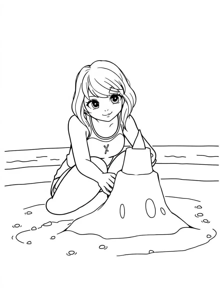 Taylor Swift building a sandcastle at the beach – a fun and kid-friendly coloring page.