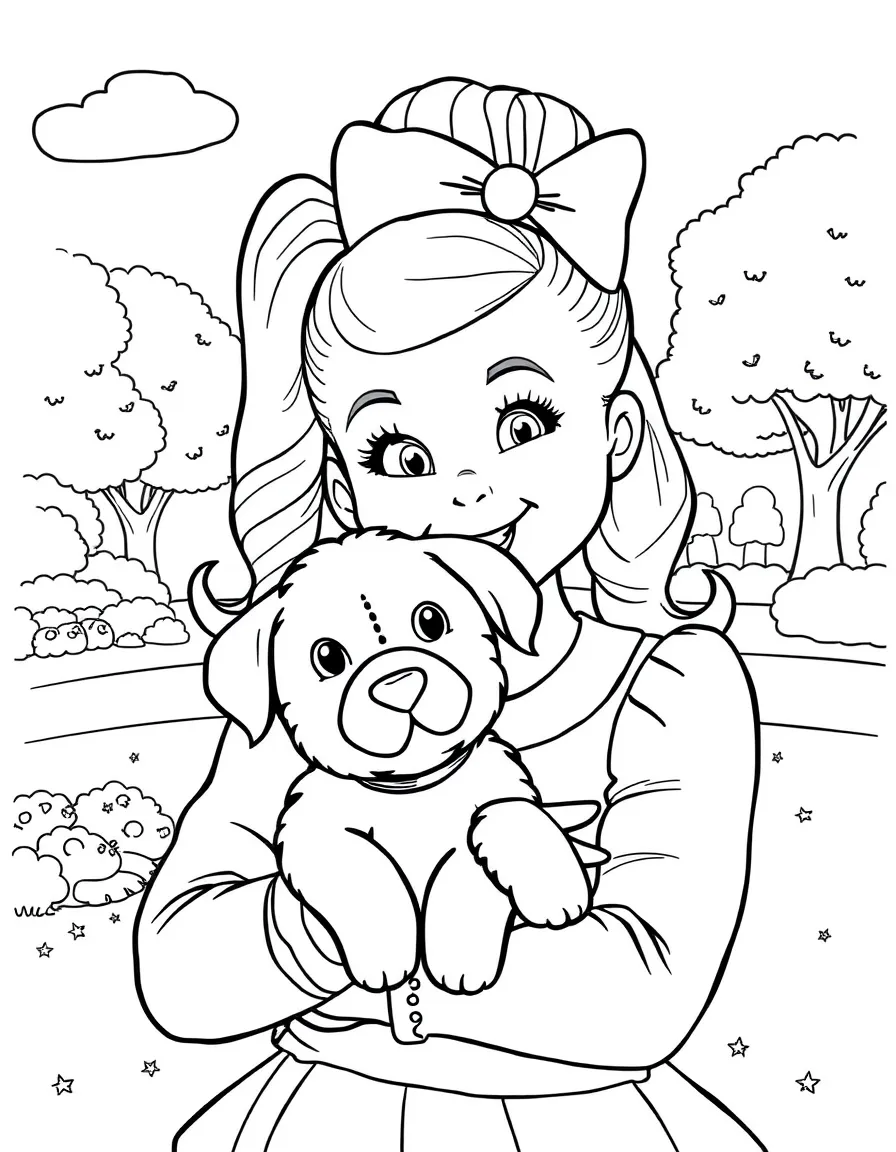 JoJo Siwa smiling and holding a puppy with a park background – a fun and kid-friendly coloring page.
