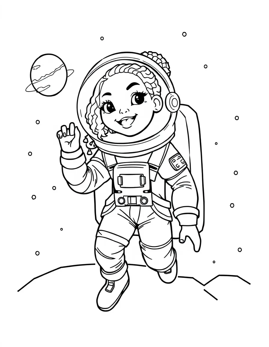 Rihanna exploring space in an astronaut suit – a fun and kid-friendly coloring page.