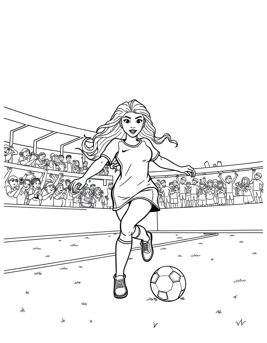 Shakira playing soccer on a field with cheering fans in the stands – a fun and kid-friendly coloring page.