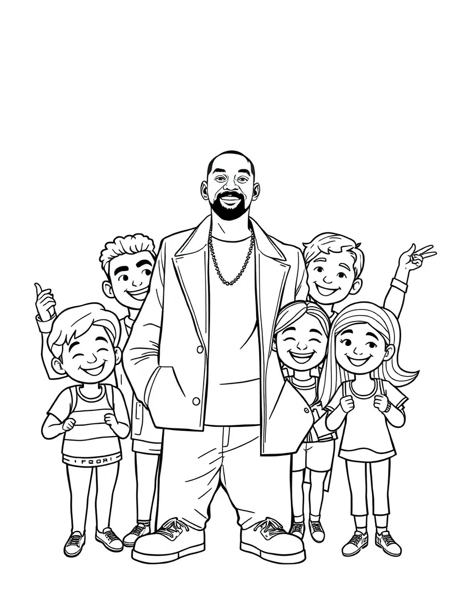 Will Smith posing with cartoon versions of their fans – a fun and kid-friendly coloring page.
