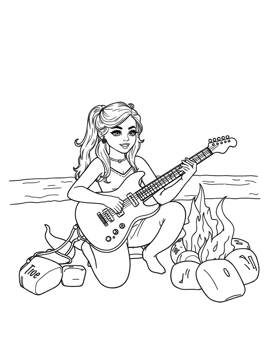 Zendaya playing guitar at a beach bonfire – a fun and kid-friendly coloring page.