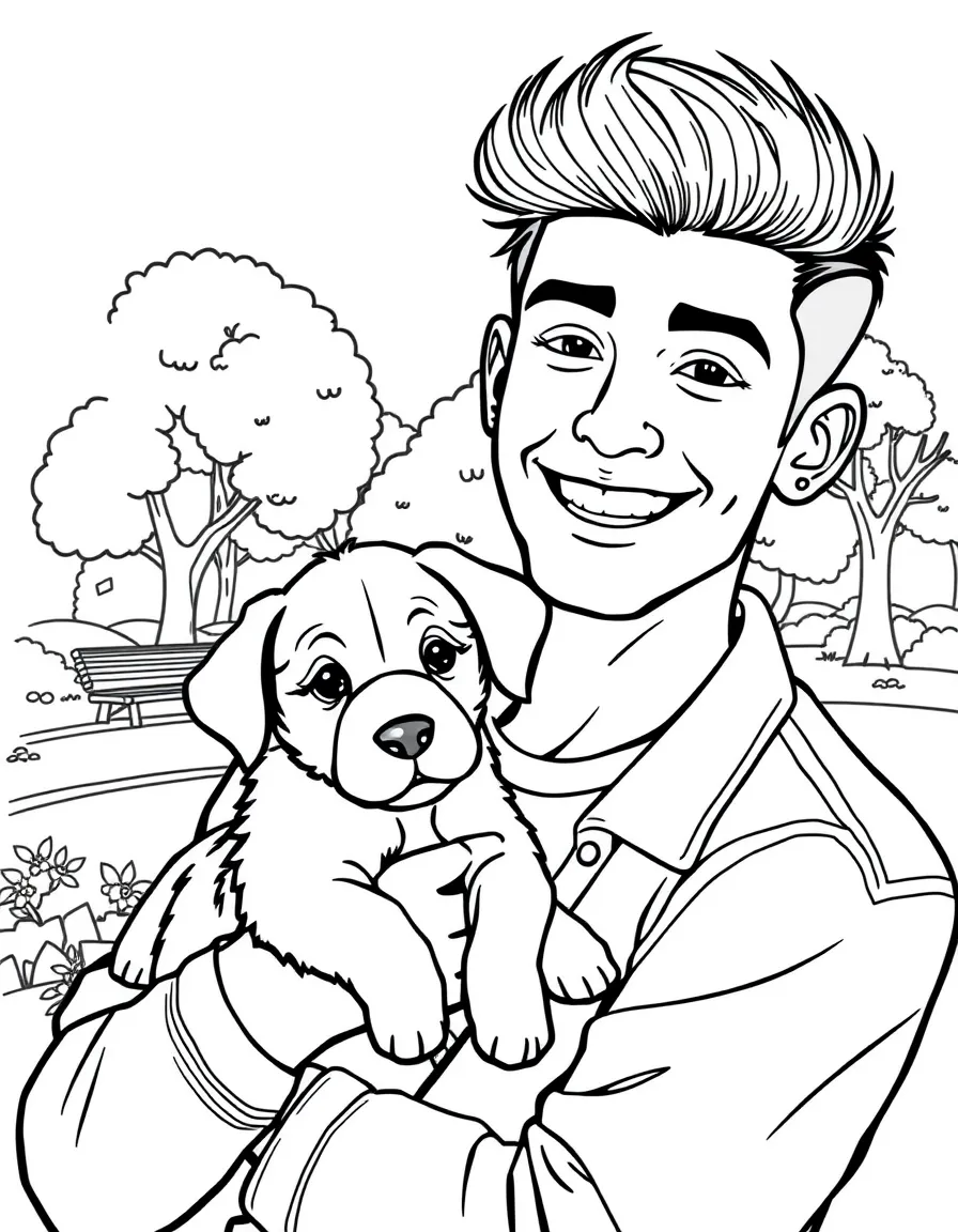 Zayn Malik smiling and holding a puppy with a park background – a fun and kid-friendly coloring page.
