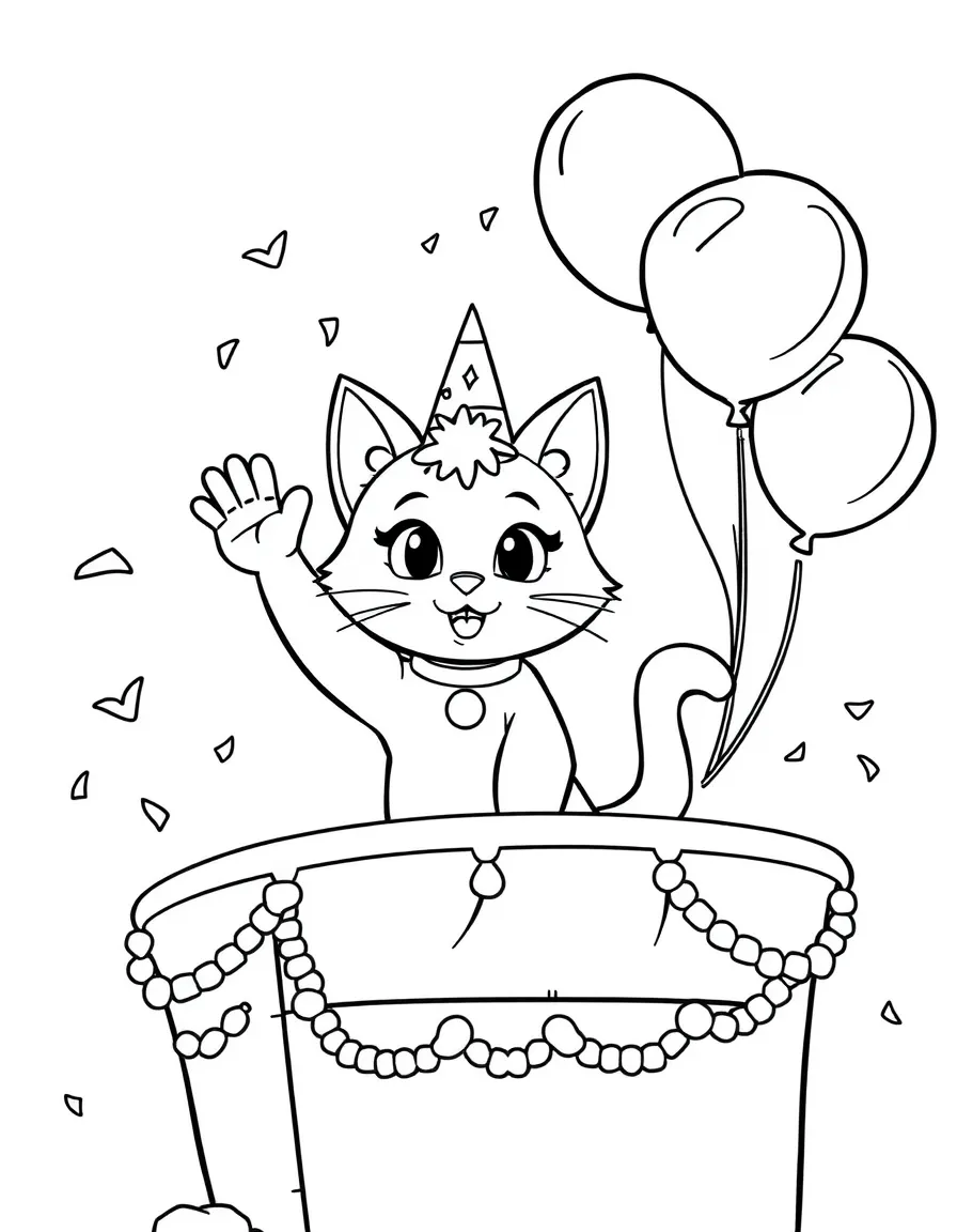 Doja Cat waving from a parade float with balloons and confetti – a fun and kid-friendly coloring page.