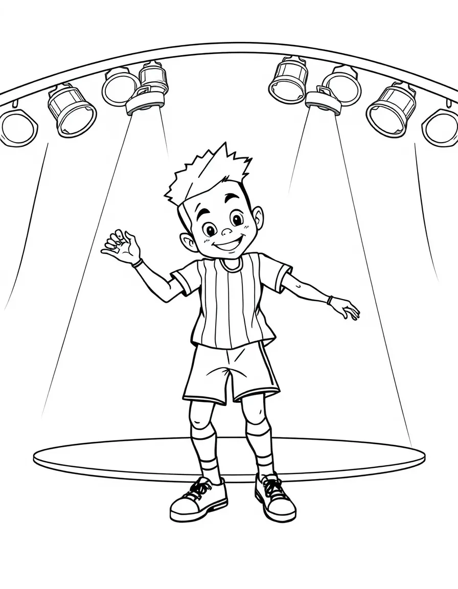 Neymar Jr. dancing on a stage with spotlights and fun outfits – a fun and kid-friendly coloring page.