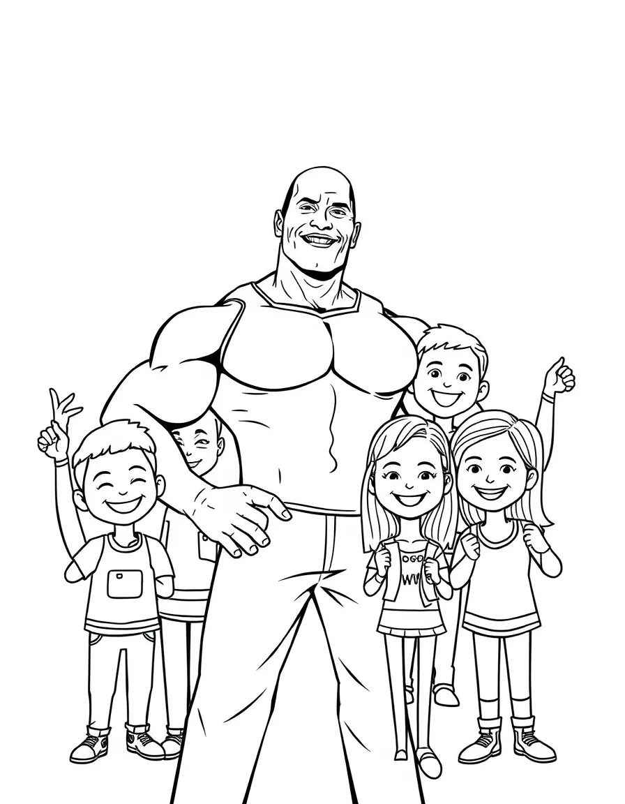 Dwayne Johnson posing with cartoon versions of their fans – a fun and kid-friendly coloring page.