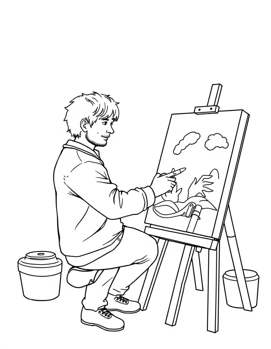 Ed Sheeran painting a picture at an art studio – a fun and kid-friendly coloring page.