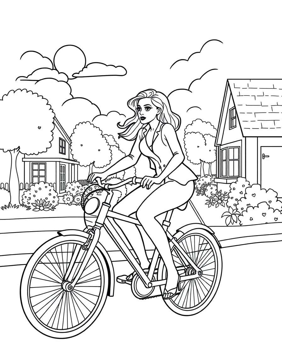 Angelina Jolie riding a bicycle through a sunny neighborhood – a fun and kid-friendly coloring page.