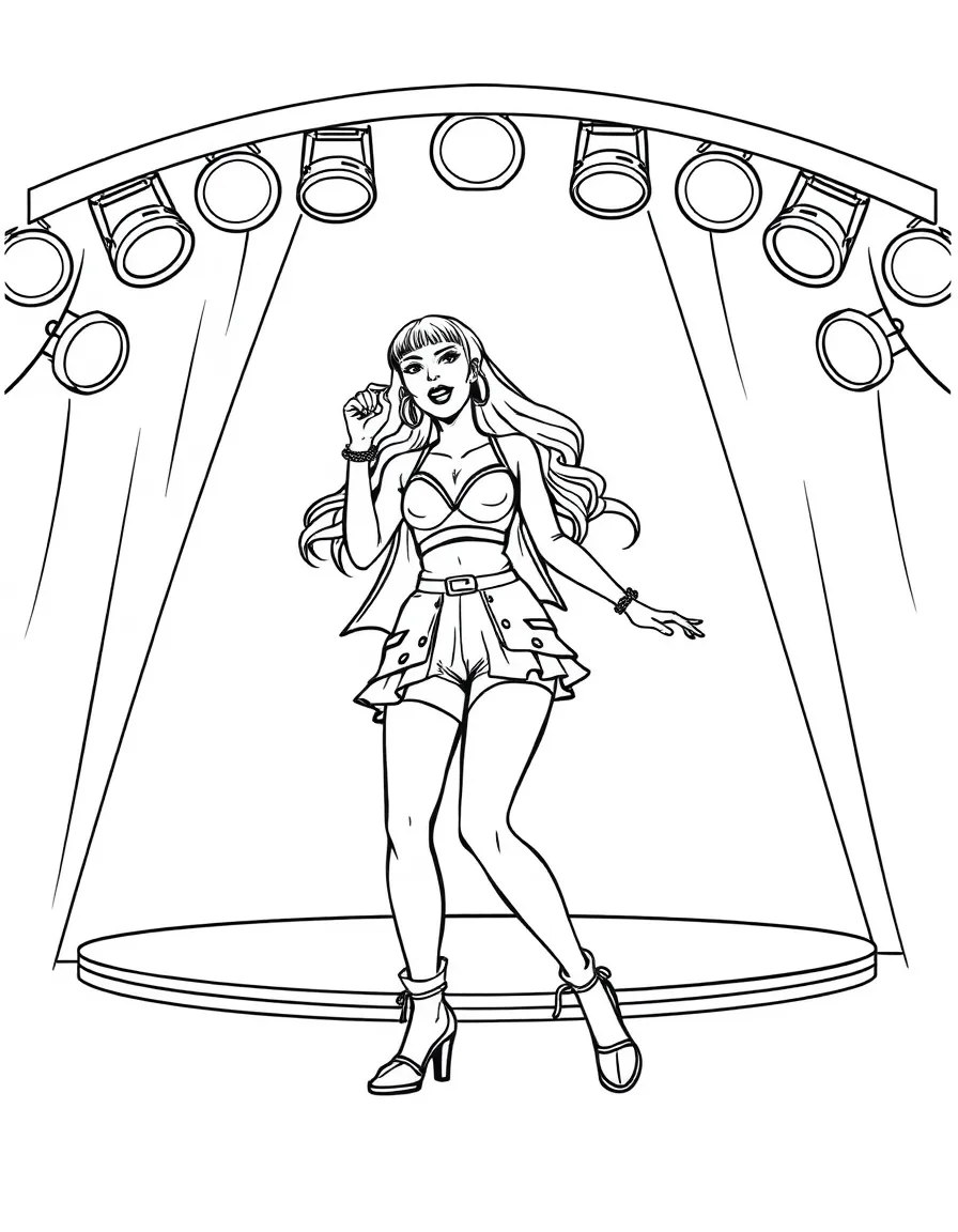 Dua Lipa dancing on a stage with spotlights and fun outfits – a fun and kid-friendly coloring page.