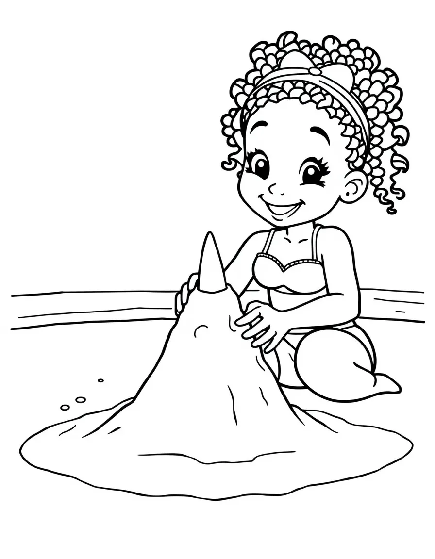 Simone Biles building a sandcastle at the beach – a fun and kid-friendly coloring page.