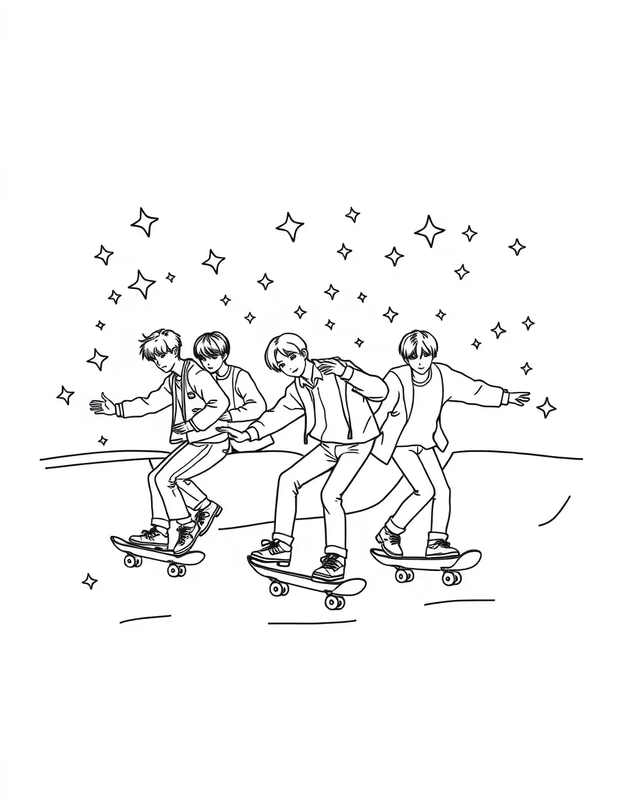 BTS Members skateboarding at a skate park with stars and swirls around – a fun and kid-friendly coloring page.