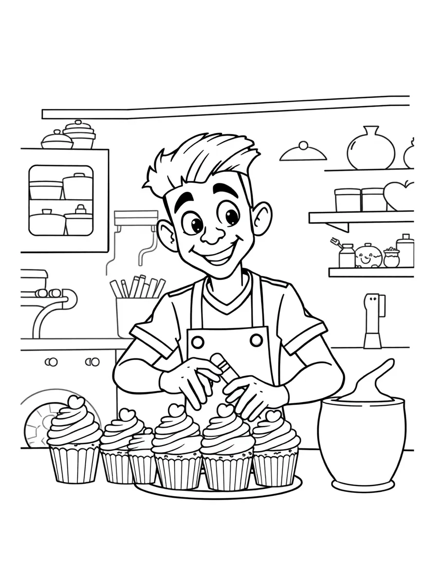 Neymar Jr. baking cupcakes in a colorful kitchen – a fun and kid-friendly coloring page.