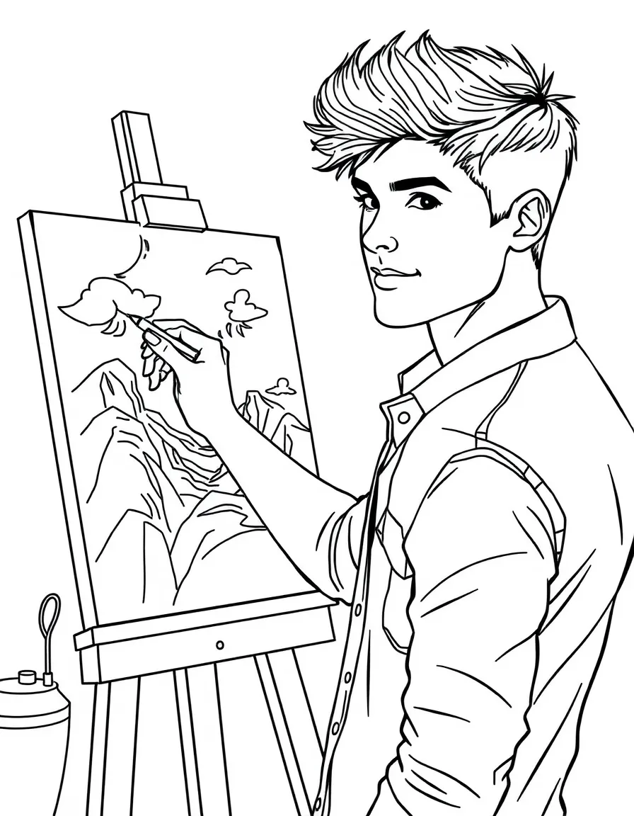 Taylor Lautner painting a picture at an art studio – a fun and kid-friendly coloring page.