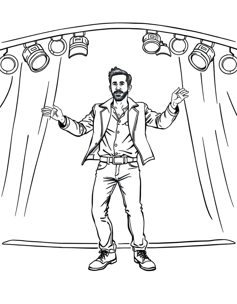 Ryan Reynolds dancing on a stage with spotlights and fun outfits – a fun and kid-friendly coloring page.
