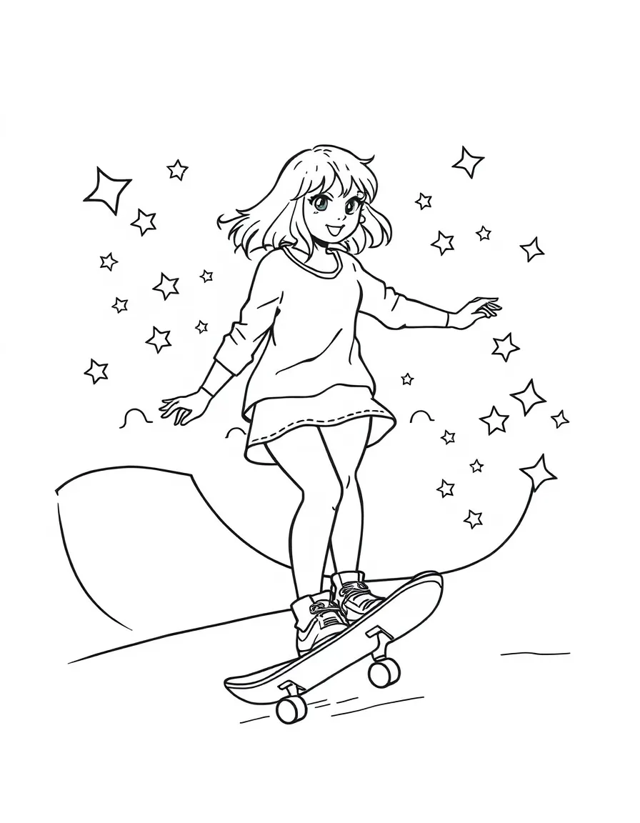 Taylor Swift skateboarding at a skate park with stars and swirls around – a fun and kid-friendly coloring page.
