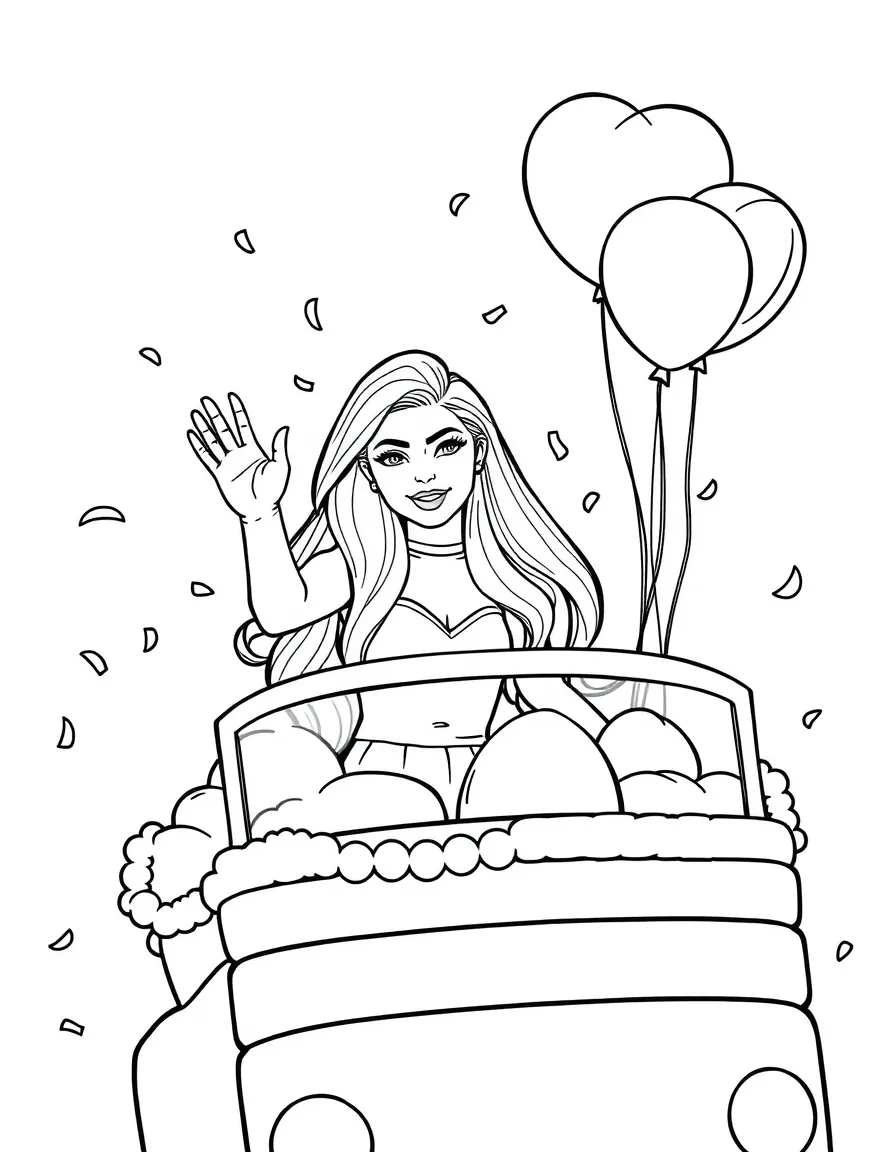 Kylie Jenner waving from a parade float with balloons and confetti – a fun and kid-friendly coloring page.