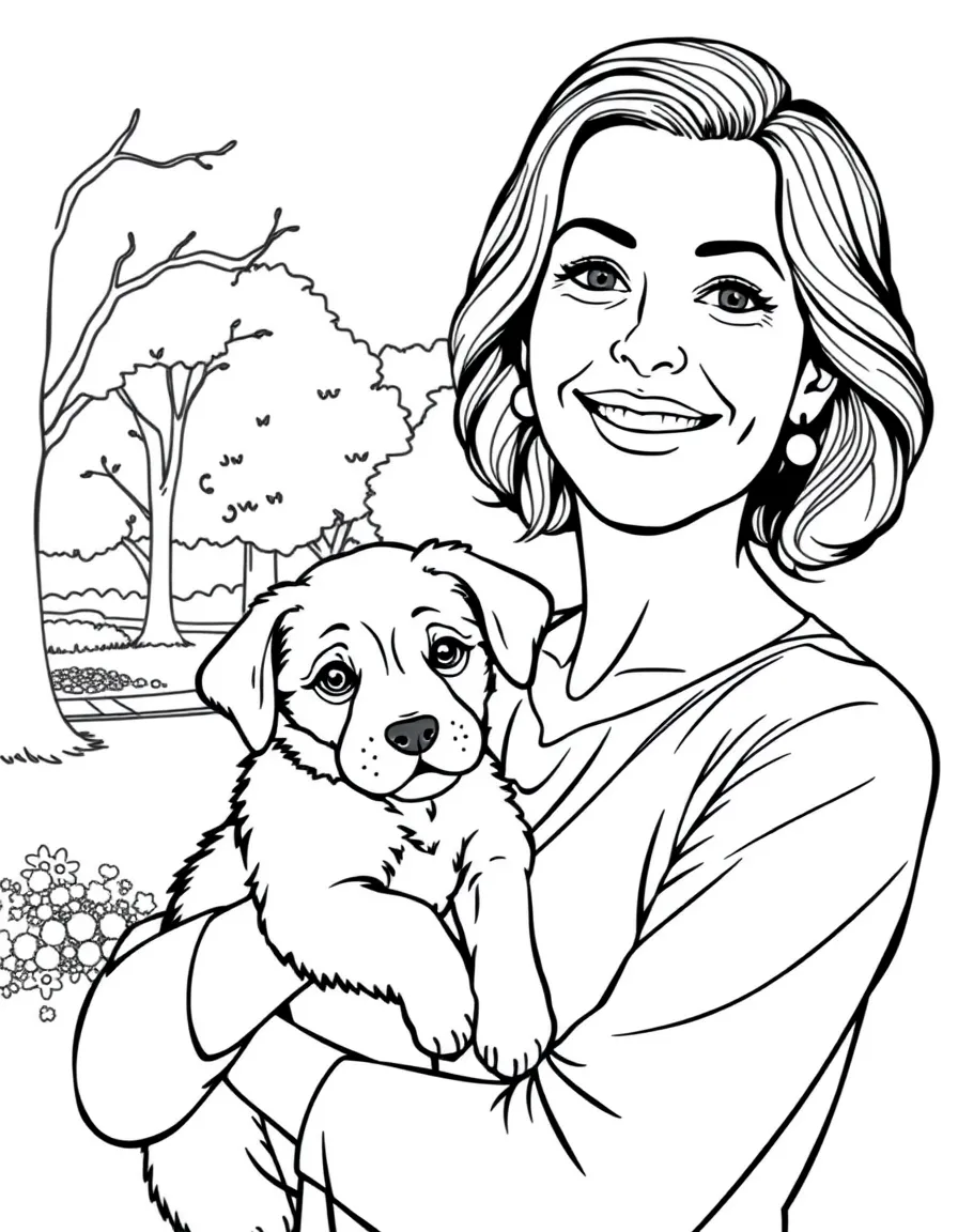 Anne Hathaway smiling and holding a puppy with a park background – a fun and kid-friendly coloring page.