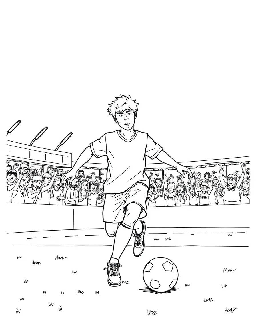 Justin Bieber playing soccer on a field with cheering fans in the stands – a fun and kid-friendly coloring page.