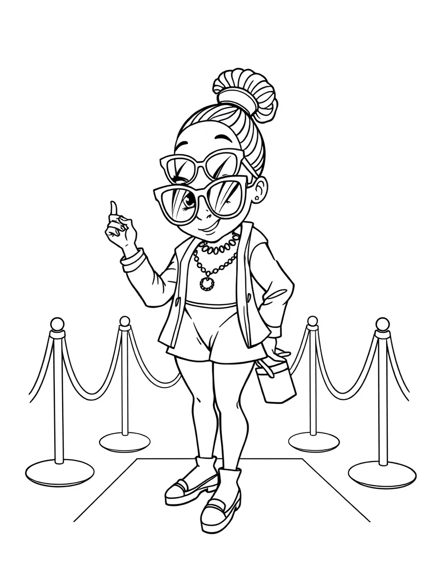 Simone Biles posing with sunglasses and a cool outfit on the red carpet – a fun and kid-friendly coloring page.