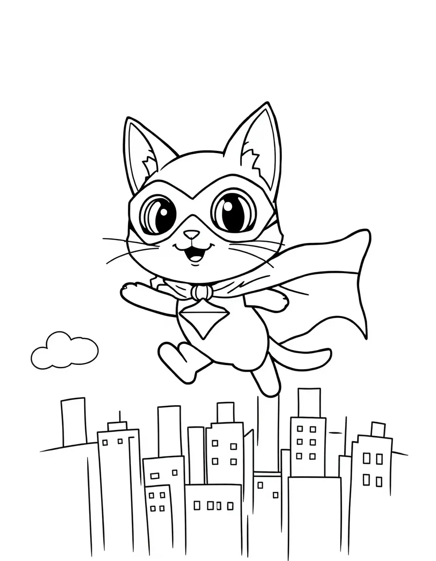 Doja Cat wearing a superhero cape and flying over a cityscape – a fun and kid-friendly coloring page.