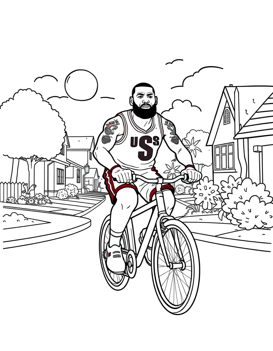 LeBron James riding a bicycle through a sunny neighborhood – a fun and kid-friendly coloring page.