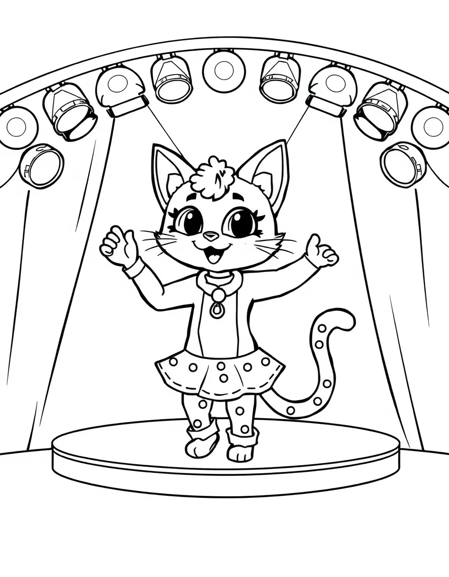 Doja Cat dancing on a stage with spotlights and fun outfits – a fun and kid-friendly coloring page.