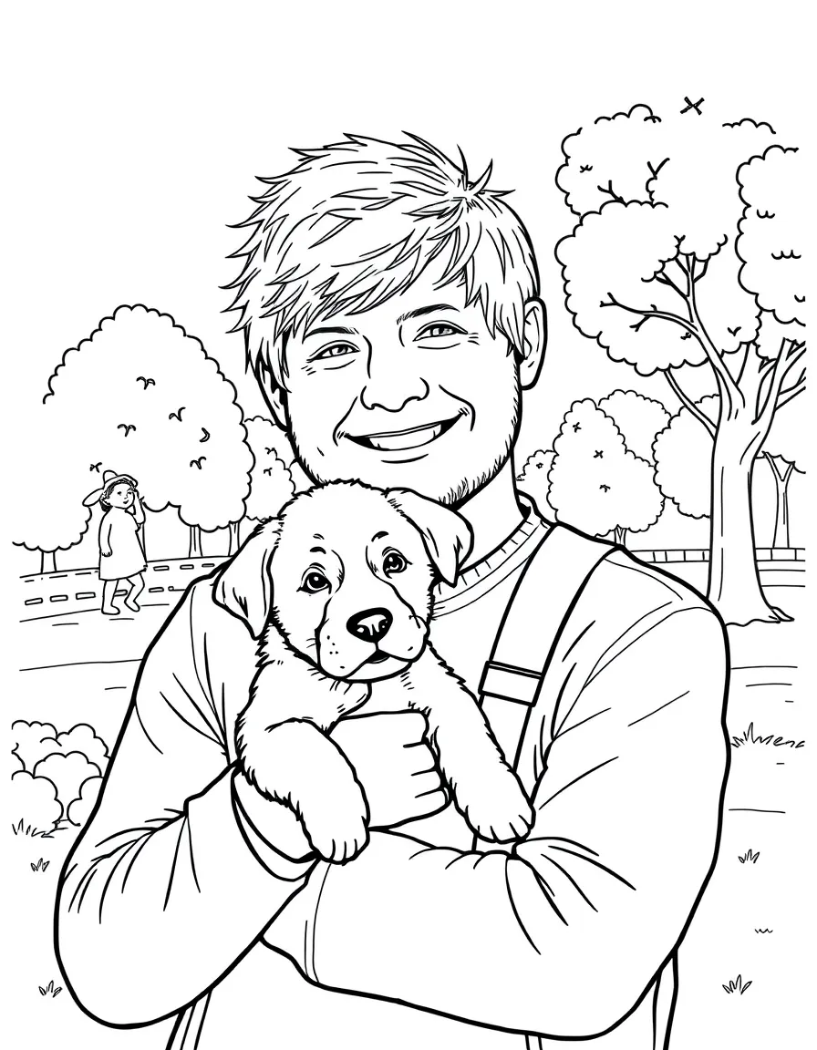Ed Sheeran smiling and holding a puppy with a park background – a fun and kid-friendly coloring page.