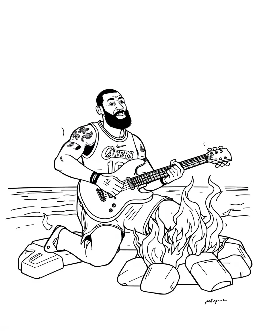 LeBron James playing guitar at a beach bonfire – a fun and kid-friendly coloring page.