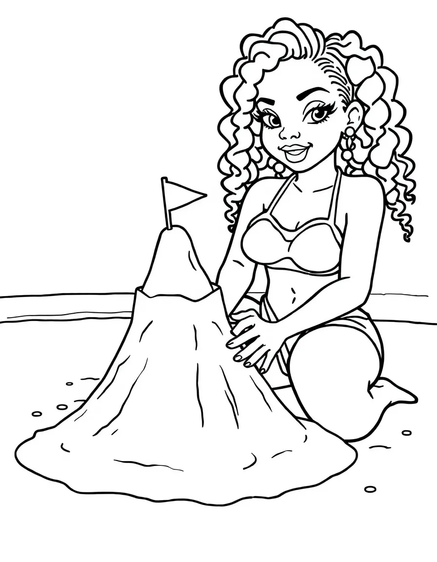 Rihanna building a sandcastle at the beach – a fun and kid-friendly coloring page.