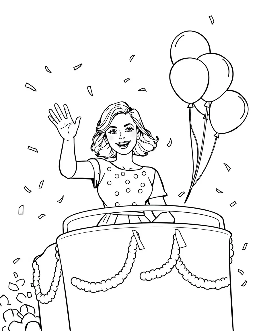 Emma Watson waving from a parade float with balloons and confetti – a fun and kid-friendly coloring page.